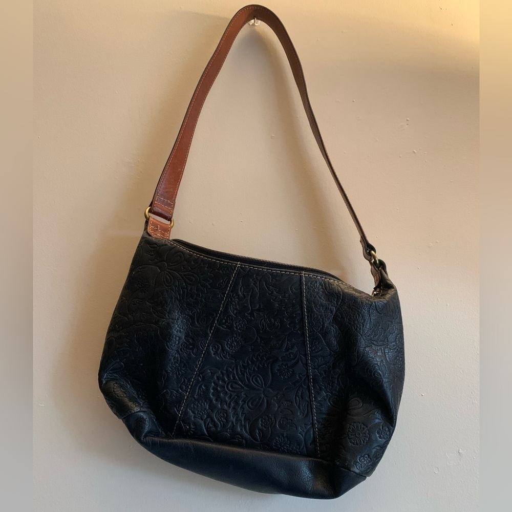 Fossil Black Embossed Shoulder Bag Tan Strap Purse Vintage 1990s Y2K